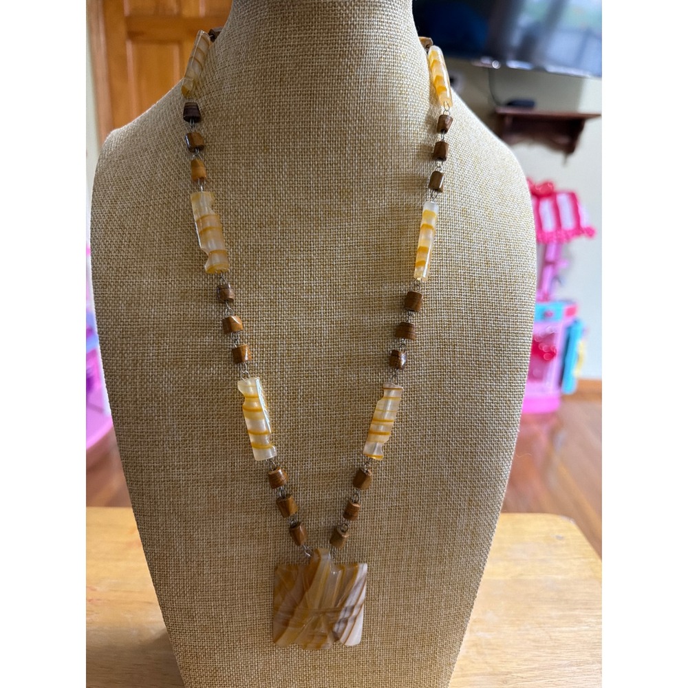 Carved Aztec Mayan Face Stone Pendant Necklace Banded Onyx Wood Beads - Picture 2 of 8